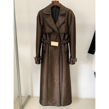 Autumn Winter Star Belt Jacquard Maze Pattern Long Trench Coat - Modestly Vogue